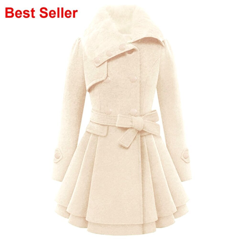 Faux Fur Lapel Double-Breasted Wool Trench Coat Winter Warm Jacket